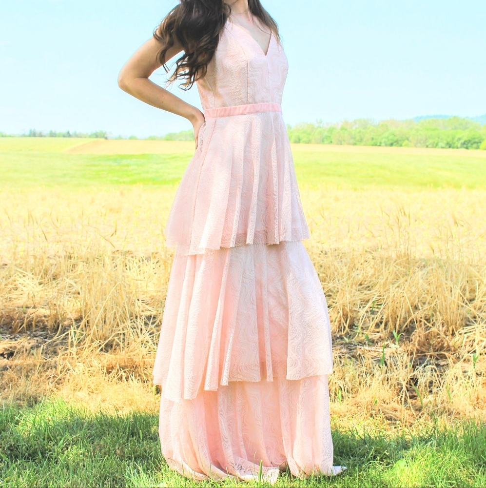 Rose Pink Lace Tiered Dress